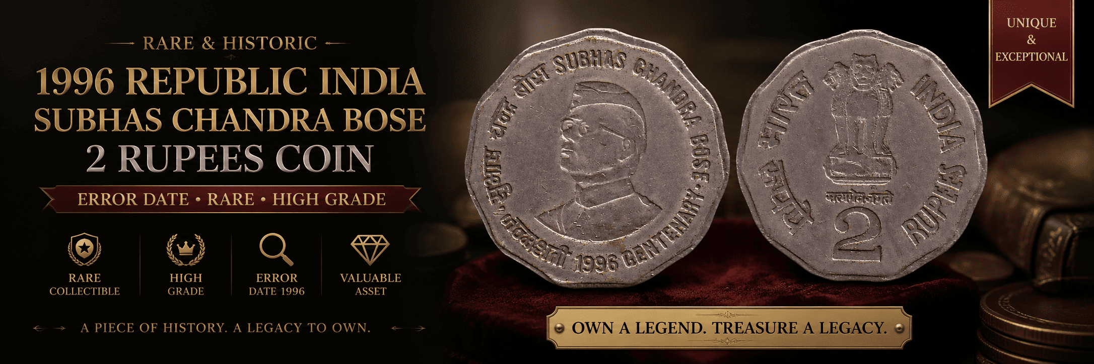 Error Date 1996 Republic India 2 Rupees Subhas Chandra Bose Coin RARE HIGH GRADE