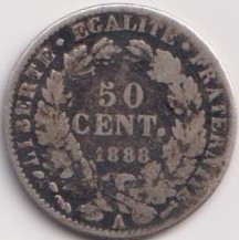 Alternative view of 1888 France 50 Centimes Silver Rare Coin Wight 2.5 Gram #PR113