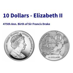 British Virgin Islands 10 Dollars - Elizabeth II 475th Ann. Birth of Sir Francis Drake Silver