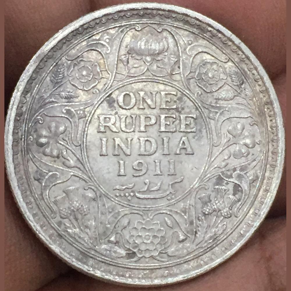 1911 One Ruppes Full Silver Coin Rare Date" George Fifth Bombay mint coin High Grade Coin # S.1