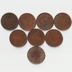 8 Coins Set of One Quarter Anna 1919 to 1940 Bronze Coin of King George V British India Coinage