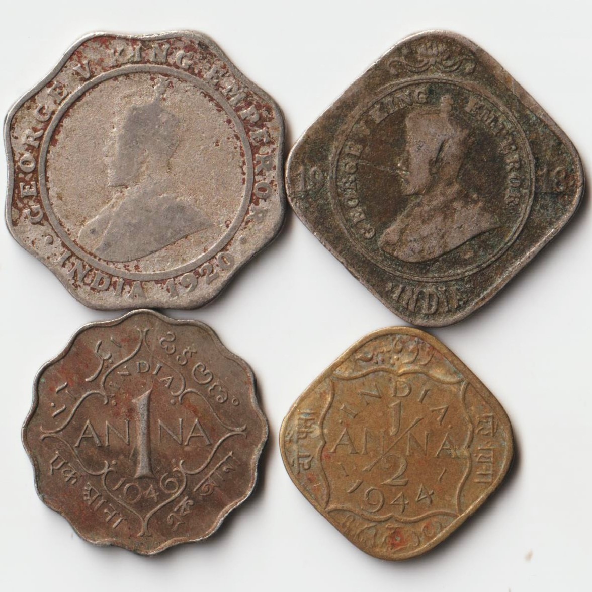 Rare Four Coins Set of 1/2, 1, 2, 4 Anna 1918-20 George V and George VI 1944-46 Different Metals Collectible Coins of British India