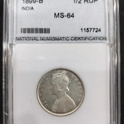 Rare Half Rupee 1899 Graded in MS 64 Grade Victoria Queen British India Silver Coin