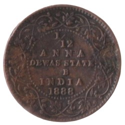 1/12 Anna 1888 Princely state of Dewas Victoria Empress Copper Coin of Narayan Rao