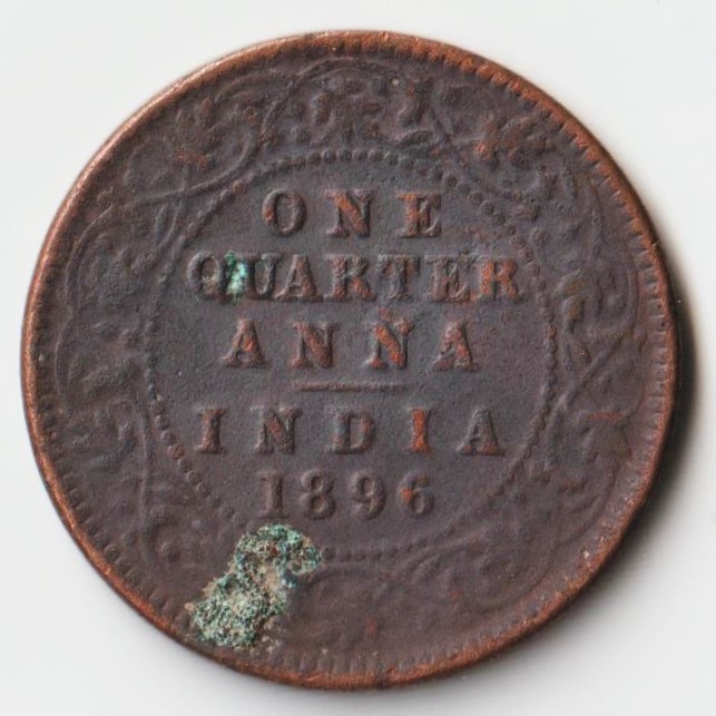 Extremely Rare One Quarter Anna 1896 Copper Coin of Victoria Empress British India Coinage