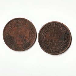 2 Coin Set Of 1/2 Pice 1906-1910 Bronze Coin of Edward VII British India Coinage