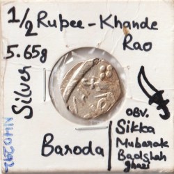 Rare 1/2 Rupee Khande Rao Silver Coin of 5.65g Princely State of Baroda Obverse Sikka Mubarak Badshah Ghazi