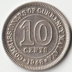 Malaya Ten Cents 1950 Copper-Nickel Coins of George VI Collectible Coins of Malaysia