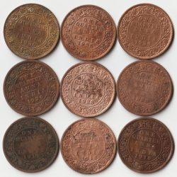 9 Coins Set of One Quarter Anna 1917 to 1936 Copper Coin of King George V British India Collectible Coins