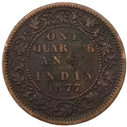 Rare One Quarter Anna 1877 Coin of Victoria Empress British India Copper Coin #NH1238