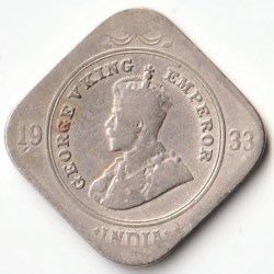 Extremely Rare 2 Anna of 1933 Copper Nickel Coin of George V British India Coinage