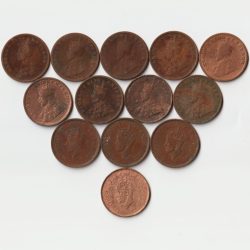 13 Coins Set of One Quarter Anna 1912 to 1942 Bronze Coin of King George V and George VI British India Coinage