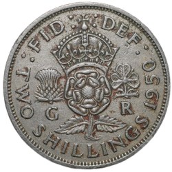 Copper-Nickel 2 Shillings of George VI (AD 1950) from Great Brittain Crown above Rose Plant