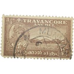 Postal Stamp of Travancore Anchel Brown Colour 3/4 Chukram - Used Condition as per Image.