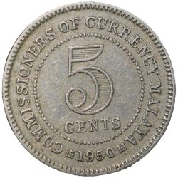 Alternative view of Copper-Nickel 5 Cents of George VI (AD1950) of Malaya