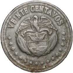 Alternative view of Old Copper-Nickel 20 Centavos of Colombia Country (AD 1959) Simon Bolivar