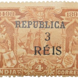 Postal Stamp of Portuguesa India - Brown Colour 4 Tangas Over Printed in Black 'Republica 3 Reis' Mint Un-Used Condition as per Image.