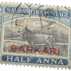 Postal Stamp of Saurashatra State/Region 1/2 Anna with Gir Lion in Blue Colour Used Condition as per Image.