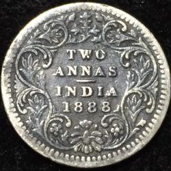 1888 India - British 2 Annas - Victoria British India Silver Rare Lowest Price Coin #V207