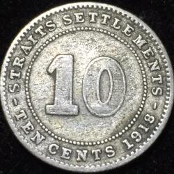 1918 British Malaysia Straits Settlements 10 Cents - George V Rare Lowest Price Coin #V25