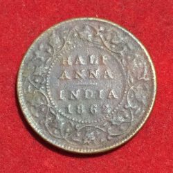 1862 British India ½ Anna - Victoria Rare coin #L-331