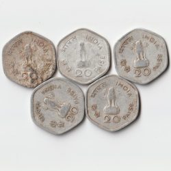 5 Coins Set of Twenty Paise 1982 Aluminiuma Coin of Hyderabad Mint Commemorative Issue FAO- World Food Day Collectible Coins of Republic India