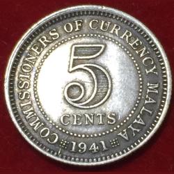1941 Malaya 5 Cents - George VI Silver Rare Coin #N260