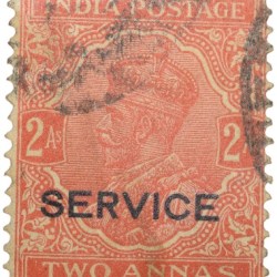 Postal Stamp of George V 2 Annas Orange Colour - Over Printed in Black 'Service' - Used Condition as per Image.