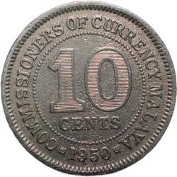Alternative view of Nickel 10 Cents of George VI (AD 1950) from Malaya