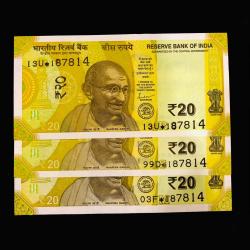 Rs 20 STAR ISSUE TRIPLET PAIR NOTE BOTH NUMBER SAME UNIQUE