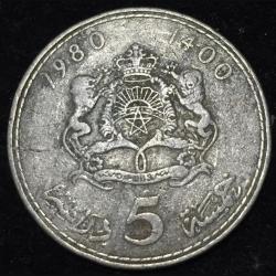 Morocco 5 Dirhams 1980 - Hassan II 3rd portrait Rare Coin #L-114