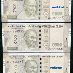 Rs 500 TRIPLET SET Gem Unc Very Unique & Rare SUPER Solid Number 5AN 555555