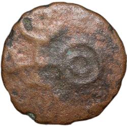 Alternative view of Copper Coin of Ujjaini(200 BC) with Multiple Symbols Tree, Fishes in Pond, Ujjaini symbol, Triangula