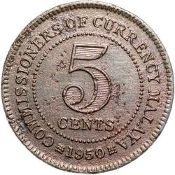 Alternative view of Nickel 5 Cent of George VI (AD 1950) from Malaya British Commonwealth