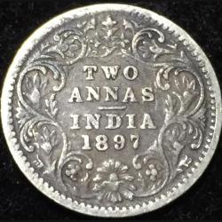 1897 India - British 2 Annas - Victoria British India Silver Rare Lowest Price Coin #V208