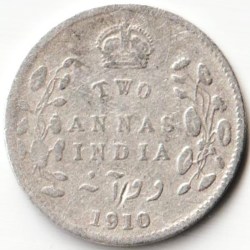 SCARE Two Anna 1910 hai of Edward Vii King Empress Silver Small British India Coin