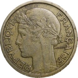 Alternative view of Old Brass 1 Franc of France Country (AD 1938) with Marianne's head left