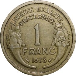 Old Brass 1 Franc of France Country (AD 1938) with Marianne's head left