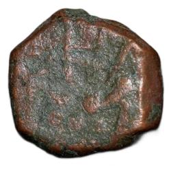 Alternative view of Copper 1/2 Duit of Indo-French (AD 1695) with facing figure of Goddess Kali