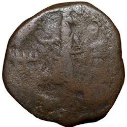 Alternative view of Copper Tetra Drachma Coin of Huvishka (AD160-190) of Kushan Dynasty with "Athsho" God of Metals