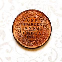 One Quarter Anna 1901 Victoria Empress British India Copper Coin Unique Top Condition