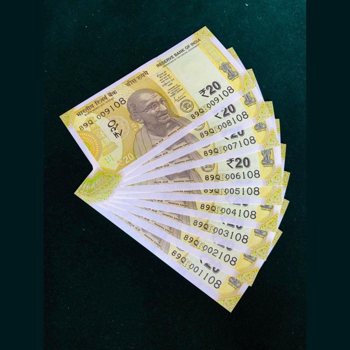 Rs 20 India Banknote Fancy Set 001108 to 009108 GEM UNC Unique Latest Issue Same Prefix