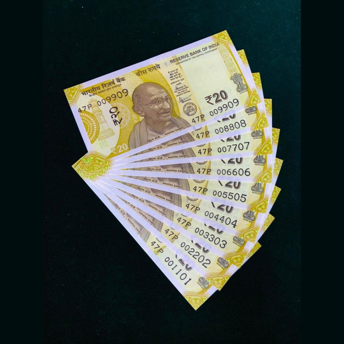 Rs 20 INDIA BANKNOTE Fancy Number 001101 to 009909 Note Gem UNC Set Same Prefix Unique