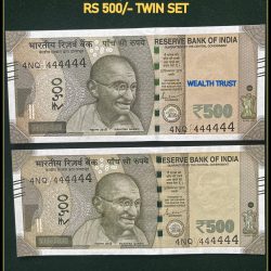 Rs 500 Twin Pair Gem Unc Very Unique Banknote Set SUPER Solid Number 4NQ 444444