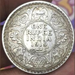 Alternative view of 1919 George Fifth One Ruppes Silver Coin" British India 100% Original Coin # ( Sku 887 )