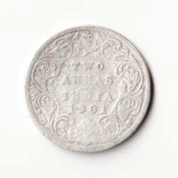 Rare Two Anna 1901 Victoria Empress of British India Small Silver Beautiful Coin