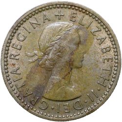 Alternative view of Old Copper-Nickel 6 Pence of Elizabeth II of United Kingdom (AD 1957) with FlowersOld Copper-Nickel