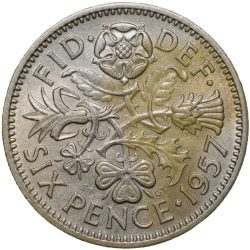 Old Copper-Nickel 6 Pence of Elizabeth II of United Kingdom (AD 1957) with FlowersOld Copper-Nickel