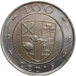 Bi-Metallic 100 Cedis of Ghana Country (AD 1999) with Cocoa Plants