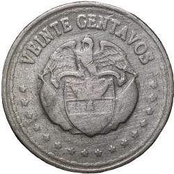 Alternative view of Old Copper-Nickel 20 Centavos of Colombia Country (AD 1959) Simon Bolivar